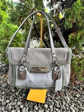 Coach Kristin F18282 Gray Croc Embossed Leather Suede Trim Satchel 2013